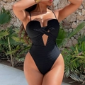 Chic black ribbed one-piece swimsuit with cutout front and crisscross tie details - S / Black