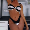 Women's two-piece bikini set with black and white stripes and knot front detail - S / Black & White