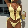 Set bikini sexy giallo a costine con perla marmorizzata e slip con lacci laterali - S / Giallo