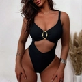 Chic black cutout one-piece swimsuit with golden ring detail and thin straps - S / Black
