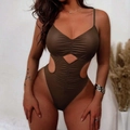 Chocolate brown one-piece monokini swimsuit with ruching details and cut-out waist - S / Coffee