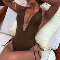 Deep brown V-neck one-piece swimsuit with metal ring detail and side tie drawstrings - S / Coffee