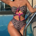 One-piece leopard print swimsuit with neon pink trim and cutout front knot detail - S / Leopard Print