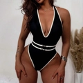 Traje de baño negro de una pieza con ribete blanco en contraste y anillos de metal - S / Negro