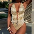 Metallic gold plunging halter one-piece swimsuit with shimmering sequined texture - S / Gold