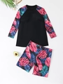 Flat lay of long sleeve tankini set with tropical leaf print and black surf top - 3XL / Multi-color 1