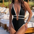 Black cutout one-piece swimsuit with white trim and pearl buckle details for beachwear - S / Black