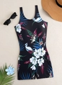Detailed flat lay of black tropical floral swimsuit with wide straps and boyshorts cut - S / Tropical Print