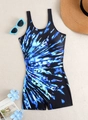 Close-up of black one-piece swimsuit with blue tie-dye print and vacation accessories - S / Blue Tie Dye