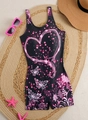 Flat lay of women's one-piece swimsuit with heart patterns on a straw beach mat - S / Neon Hearts Butterflies Style
