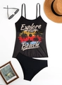 Flat lay of black mesh tankini swimwear with retro beach print and matching bottoms - S / Black