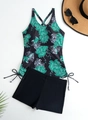 Platte weergave van bloemen tankini-top met trekkoorden en zwarte zwembroek voor dames - S / Groene Bloemen