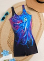One-piece boyshort swimsuit featuring blue abstract feather prints on a summer beach mat - S / Abstract Feather Ink Style