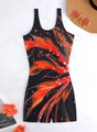 One-piece athletic swimsuit with vibrant orange feather print on a marble background - S / Black Orange-Red Abstract