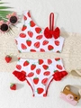 Vue à plat d'un bikini deux pièces pour filles blanc avec imprimé fraise et nœud - 4Y (98-104CM) / Imprimé Fraise (Rouge)