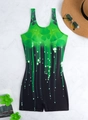 Flat lay of green shamrock gradient one-piece swimsuit with sunglasses and straw hat - S / St Patrick Day Clover Style
