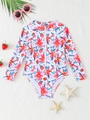 Dettaglio del costume da bagno bambina a maniche lunghe con stampa tropicale e zip - 4Y / Fiore Rosso