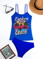 Detailed flat lay of blue tankini set with 'Explore the Beach' print and sun accessories - S / Blue