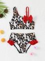 Bikini fille motif vache avec nœud rouge et short de bain à volants vue à plat - 4Y (98-104CM) / Imprimé Vache (Noir)