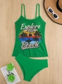 Green two-piece bikini with tropical beach graphic and accessories on wooden background - S / Green