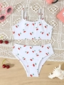 Tweeledige meisjesbikini in wit met een levendige rode kersenpatroon bedrukking - 4Y (98-104CM) / Wit