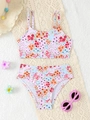 Tweeledige bloemenbikini voor meisjes met tanktop en broekje met hoge taille op wit decor - 4Y (98-104CM) / Roze