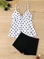 Flatlay des schwarz-weißen Polka-Dot-Tankinis mit hoch taillierten Boyleg-Bikinishorts - S / Oberteil Und Unterteil / Schwarz & Weiß