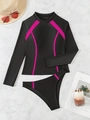 Costume da bagno due pezzi a maniche lunghe con cuciture rosa su marmo bianco - S / Patchwork Nero Rosa