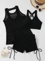 Flachbild des schwarzen 3-teiligen Tankini-Sets mit Spitzenüberzug und Bikini-Oberteil - S / Schwarz