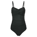 Detail view of black one-piece swimsuit featuring cross pleats and tummy control design - M / Black