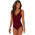 Women's deep V-neck one-piece swimsuit in wine red featuring twist-knot front detail - S / Burgundy