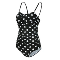 Detailed view of black polka dot swimsuit featuring adjustable straps and gathered tummy control - M / Polka Dot