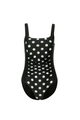 Detail of square neck one piece swimsuit with white polka dots and slimming waist ruching - M / Polka Dot