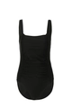 Detail view of black one-piece swimsuit featuring square neck and ruched slimming belly panel - M / Black