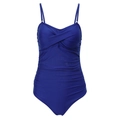 Detail view of sapphire blue one piece swimsuit with ruched tummy control and V-neckline - M / Blue
