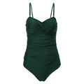 Detail of dark green one-piece swimsuit featuring a twist knot neckline and ruched tummy control - M / Green