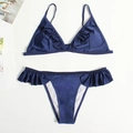 Navy blue two-piece bikini set with ruffle trim triangle top and low-rise bottoms - Navy Blue