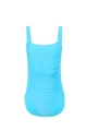 Detail view of ruched bright blue one-piece swimsuit with square neck and slimming waist pleats - M / Light Blue
