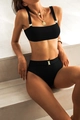 Detail view of black high-waisted bikini with premium gold square metal buckles - S / Black