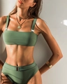 Dark green strapless bikini set with high-waisted bottoms and gold metal buckle accents - S / Army Green