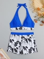 Flat lay of blue halter bikini top and high-waisted floral print shorts on summer background - S / Sapphire Blue