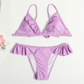 Light purple two-piece bikini set with ruffle trim and adjustable triangle top ties - Pink