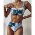 Women's two-piece bikini set featuring marble tie-dye print and high-waisted bottoms - S / 01 Marble