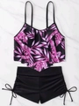 Detail view of high waisted bikini with tropical leaf print and side drawstring shorts - S / Purple