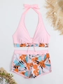 Detail of pink halter bikini top and tropical print boyleg swim shorts set on white background - S / Light Pink
