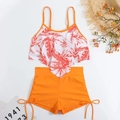 Detail of high waisted orange bikini bottoms with adjustable side drawstring ties - S / Orange