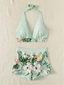 Top bikini allacciato al collo verde menta e pantaloncini da nuoto con stampa floreale - S / Top E Pantaloni / verde chiaro