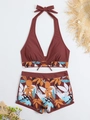 Detail of two-piece halter bikini featuring deep burgundy top and floral print boyshorts - S / Brick Red