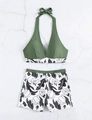Olive green halter neck bikini top with high-waisted floral print swim shorts set - S / Green