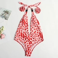 One-piece red leopard print swimsuit with deep V-neck and 3D floral halter detail - S / Red